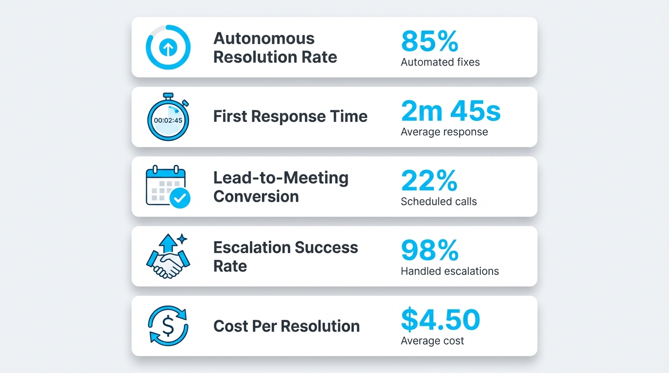 Dashboard showing AI web chat agent performance metrics and ROI tracking