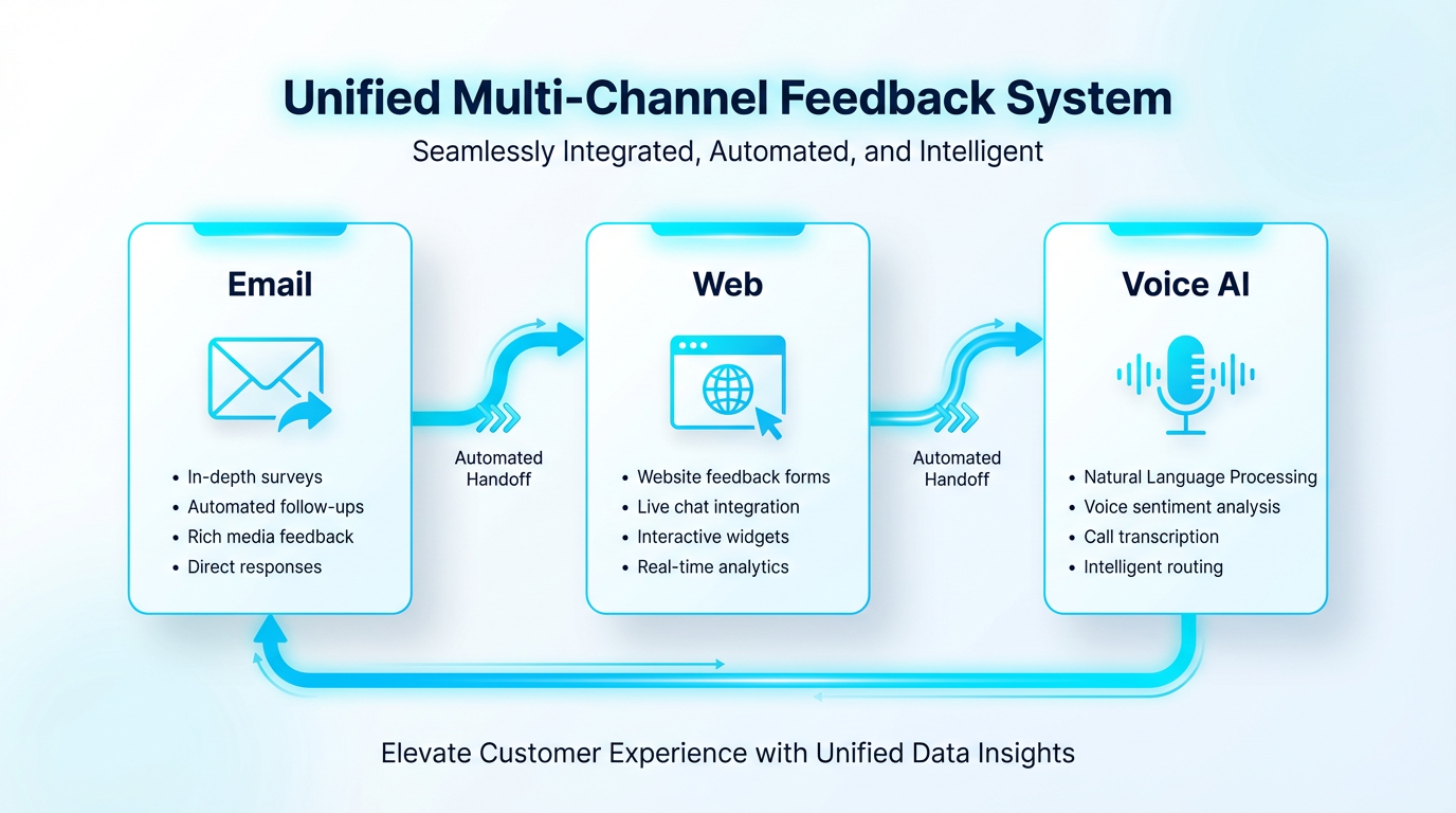 Multi-channel survey orchestration diagram showing how AI voice agents integrate with email and web surveys to maximize response rates across all customer segments