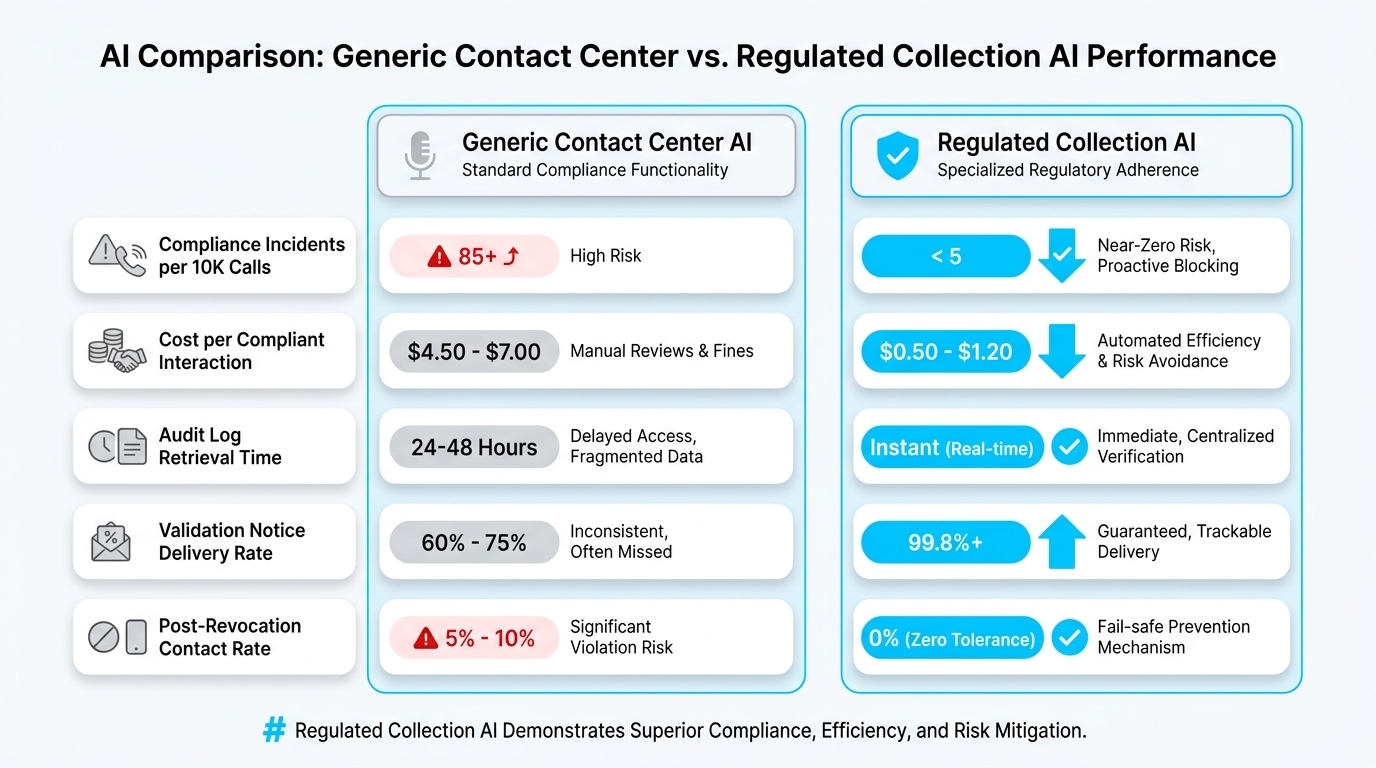 Proven results from NewVoices compliance-native debt collection AI deployment showing recovery lift and compliance incident reduction