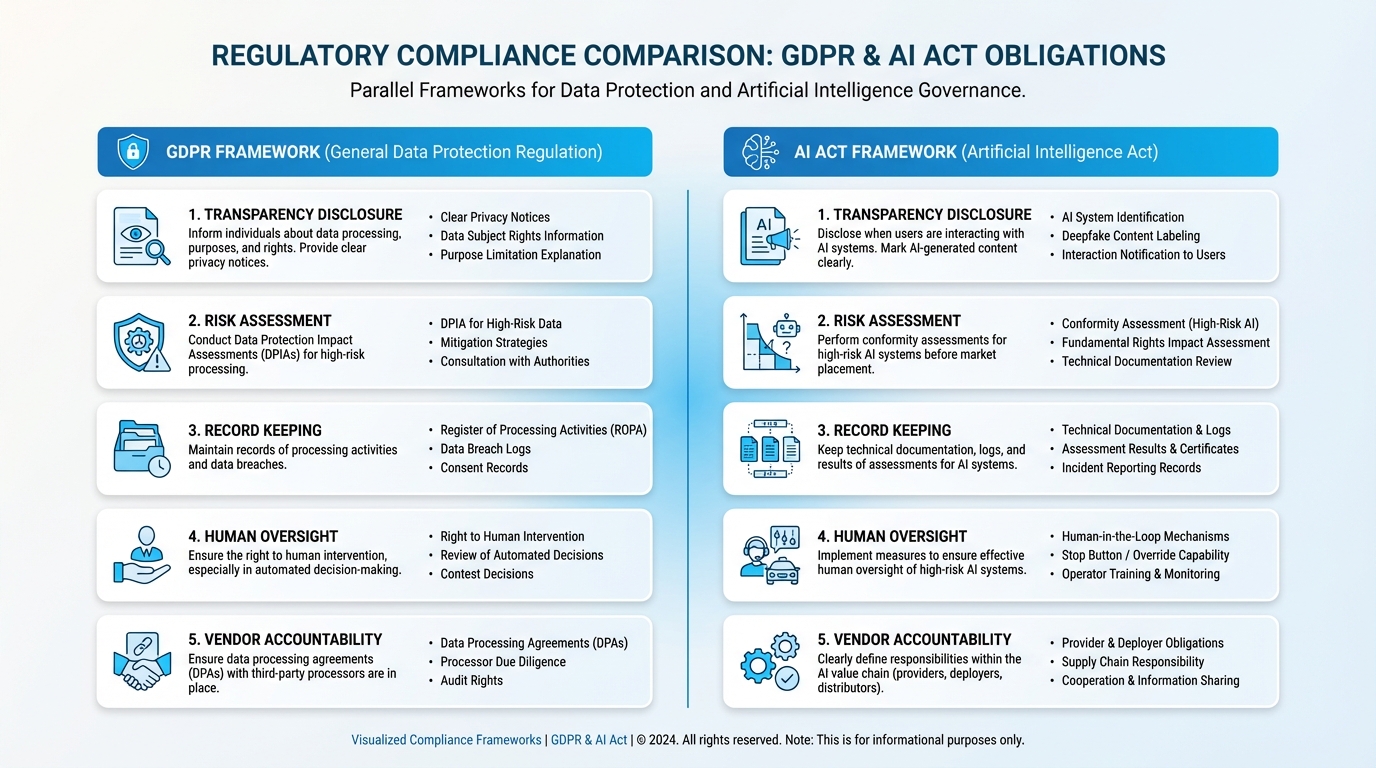 Dual compliance framework showing GDPR and AI Act requirements for enterprise voice AI