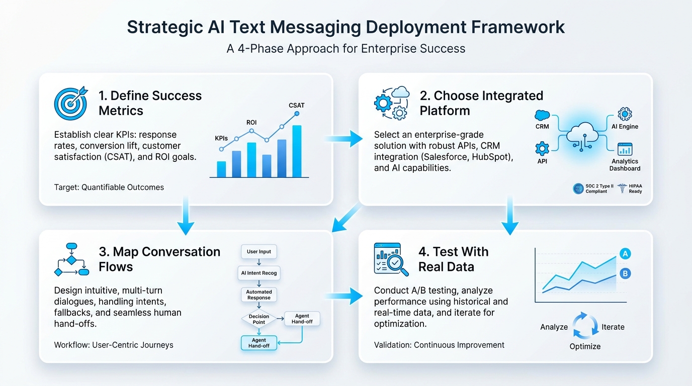 AI text messaging governance framework showing risk management controls compliance monitoring and human escalation pathways for business SMS automation